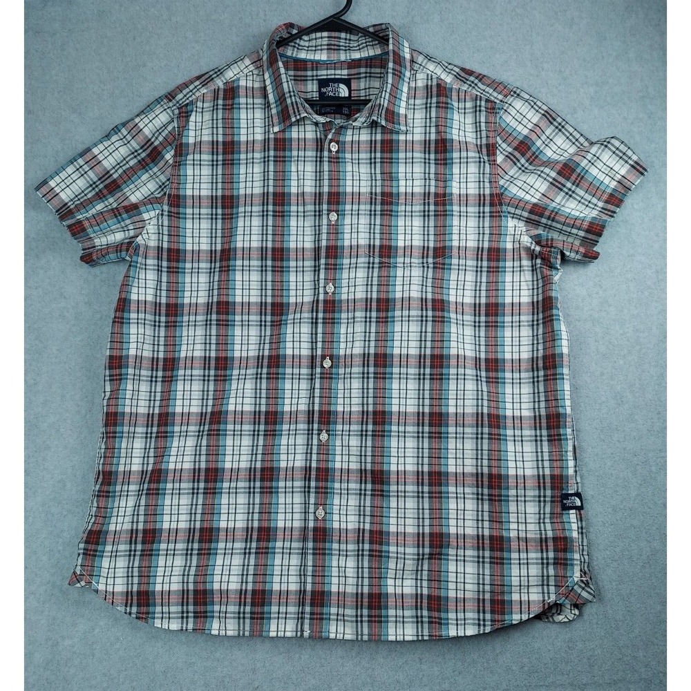 The North‎ Face Shirt Mens XXL Blue/Gray plaid Button Front Short Sleeve Pocket